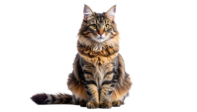 A beautiful long-haired Maine Coon cat sitting gracefully and looking directly at the camera. This purebred domestic feline has a brown tabby coat and is isolated on a transparent background.