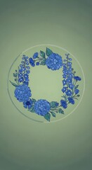 Stylized circular floral arrangement featuring lush blue blossoms on a muted green background