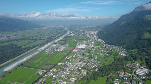 An  aerial panorama view of the old town city Triesenberg in Liechtenstein on a sunny noon in summer