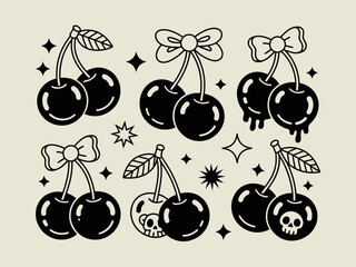 Bold graphic cherries in black and white, presented with skulls, drips, and classic tattoo elements.