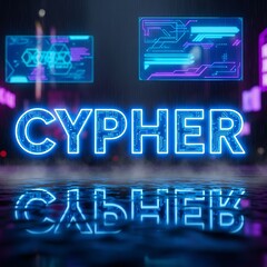 Glowing futuristic word text is reflected on a wet surface in a dark setting