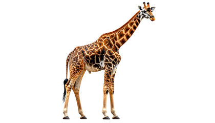 Naklejka premium Elegant and majestic African giraffe with a beautiful spotted pattern. Realistic illustration of a wild safari animal standing in a full-body side view pose with a transparent background.