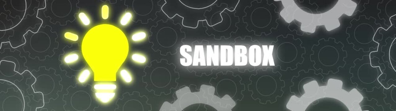 Glowing yellow light bulb with radiating light next to the word SANDBOX against a background of interlocking gears