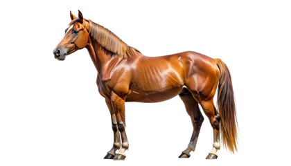 Obraz premium Elegant brown horse standing in profile, full body view. Beautiful chestnut stallion with a shiny coat and muscular build, isolated on a transparent background for easy compositing.