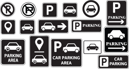 Collection of black and white parking and no parking signs with car Keywords: parking, no