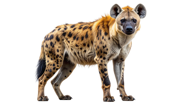 Spotted hyena standing in a full body view, looking at the camera. Realistic wild African predator with detailed fur and spots, isolated on a clean transparent background for easy use.