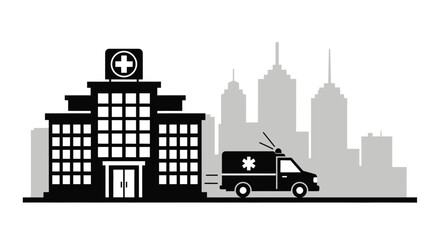 Hospital building and ambulance in a city black silhouette © Lhvect02