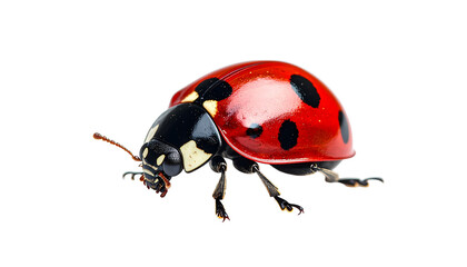 Fototapeta premium Detailed macro shot of a single red ladybug with black spots, showcasing its vibrant shell and tiny legs. This insect is isolated on a clean, crisp transparent background for easy use.