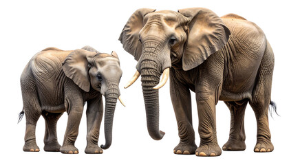 Fototapeta premium A majestic adult African elephant and its adorable calf standing together. Detailed illustration of a wildlife family, showing maternal bond and protection, isolated on a transparent background.