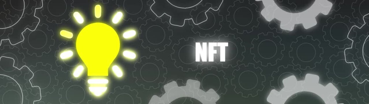 Bright Yellow Light Bulb Illuminating the Word NFT Amidst Interlocking Gears non-fungible token blockchain