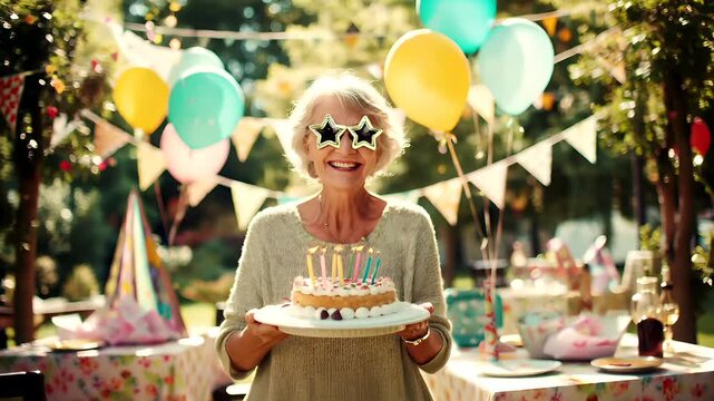 Birthday celebration theme for party event. A woman wearing sunglasses and holding a birthday cake with lit candles, surrounded by colorful balloons, decorative flags, and a festive atmosphere.