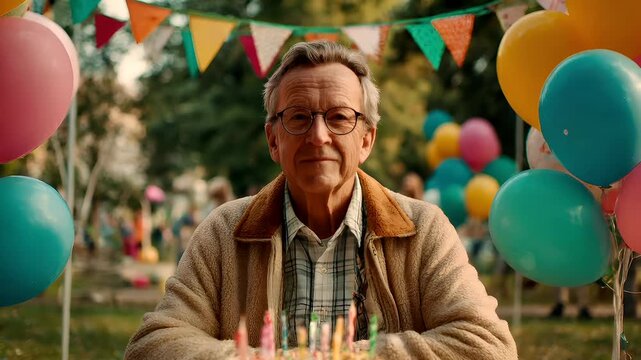 Birthday celebration theme for party event. A man seated at a table with a birthday cake adorned with lit candles, surrounded by colorful balloons, decorative flags, and lush green grass.
