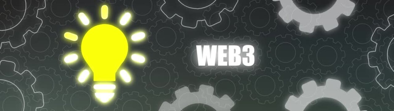 Glowing Yellow Light Bulb and the Word WE B3 Surrounded by Interlocking Gears WEB3 decentralized web