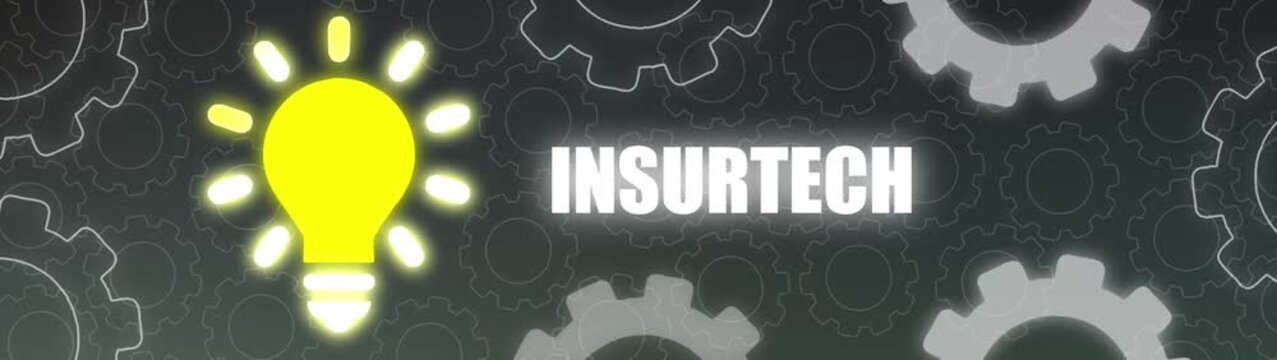 Glowing Light Bulb Illuminates the Word Insurtech Amidst Interlocking Gears on a Dark Background insurance technology