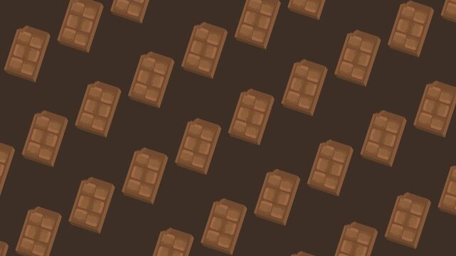 Seamless pattern with chocolate bars and bite marks on a dark brown background animation. Horizontal chocolate bar banner with minimalist milk chocolate symbol for bakery branding.