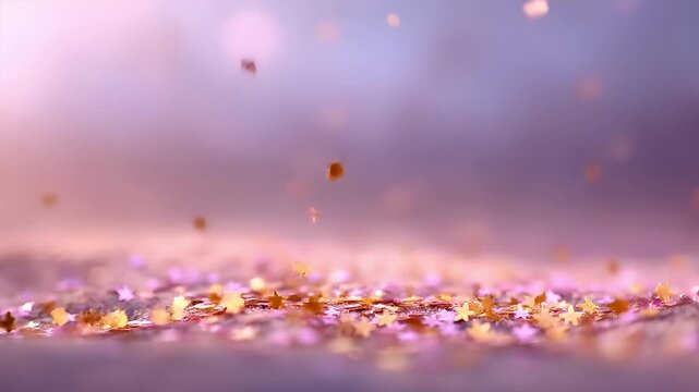Birthday celebration theme for party event. A vibrant, abstract, and dreamy scene of falling stars on a pink and purple background, creating a festive atmosphere.