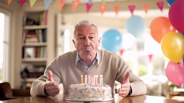Birthday celebration theme for party event. A man sitting at a table with a birthday cake adorned with lit candles, surrounded by colorful balloons and decorative flags.