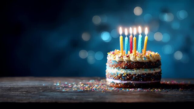 Birthday celebration theme for party event. A birthday cake with lit candles on top of it, surrounded by colorful sprinkles on a wooden surface. The background is slightly blurred.
