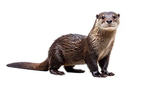 Full-body portrait of a curious North American river otter with wet brown fur, standing on a reflective surface and looking at the camera, isolated on a transparent background for easy compositing.