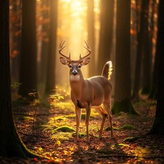 Male cervid stands alertly in a sunlit woodland clearing during autumn