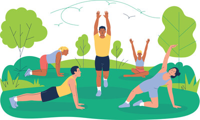 Diverse group doing yoga and exercises in a park fitness