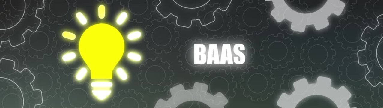Bright Yellow Light Bulb and BAS Text with Gears on Dark Background BAAS backend as a service