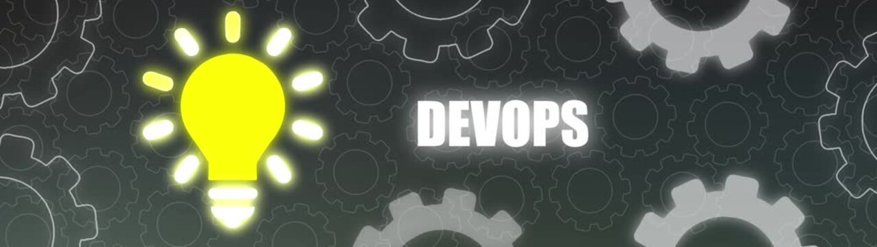 Glowing Light Bulb and DEVOPS Text with Gears on Dark Background DEVOPS development operations