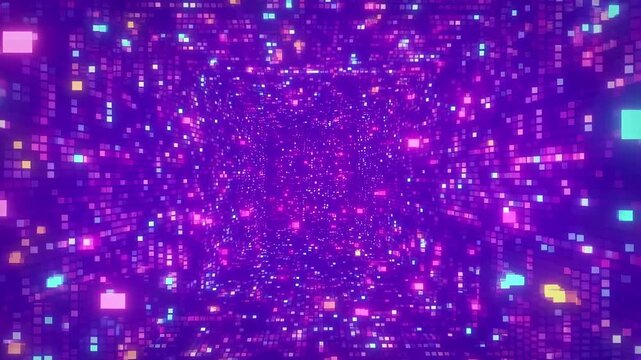 Abstract digital tunnel with vibrant purple and blue pixel lights. Represents a journey through technology and digital innovation