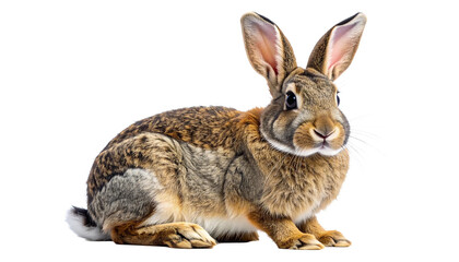 Obraz premium A cute brown fluffy rabbit sits looking at the camera. A common wild hare or domestic pet bunny with long ears and a white tail. Isolated animal portrait with a transparent background.