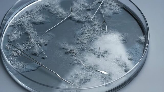 Petri dish with mold growth and laboratory tools. Scientific research on microbial cultures and their development in controlled environments