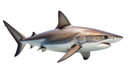 Fototapeta premium A realistic shark rendered in full-body side view, capturing its powerful form and details. This marine predator is isolated on a clean white background. Image file with transparent background.