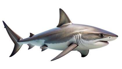 Fototapeta premium A detailed, lifelike illustration of a large predatory shark, shown in a full side profile view. This aquatic animal is isolated on a transparent background, perfect for marine biology projects.