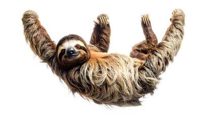 A cute two-toed sloth hanging from a thick rope, looking at the camera with a happy smile. This exotic mammal from the South American rainforest is isolated on a transparent background for easy use.
