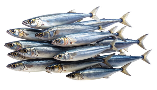 Large group of fresh raw Atlantic horse mackerel fish stacked together. Concept of seafood, fishing industry, and healthy eating. Isolated on a transparent background for easy use.