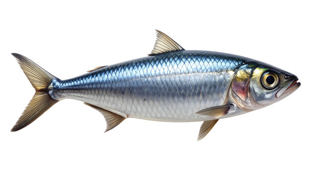 Single fresh raw sardine or herring fish, whole and uncleaned, with vibrant blue and silver scales, isolated on a clean transparent background. Concept for healthy eating, seafood, and omega-3.