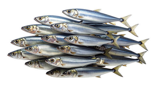 Group of fresh raw sardines stacked in a pile, concept of healthy eating and fishing industry. Seafood rich in omega-3, isolated on a transparent background. High detail studio shot.