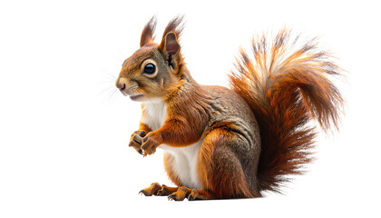 Fototapeta premium Detailed realistic red squirrel with a big bushy tail, sitting and looking curious. Cute wild rodent mammal isolated on a transparent background. Wildlife illustration for nature concepts.