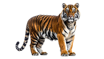 Obraz premium A majestic full-body portrait of a tiger standing and looking forward with an intense gaze. Isolated image of the big cat with a transparent background for easy compositing and design use.