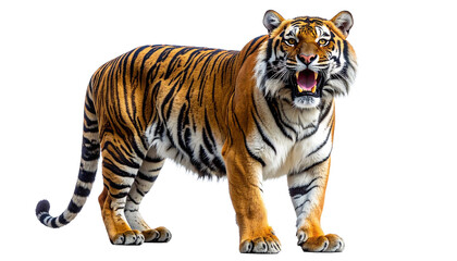 Fototapeta premium Fierce Bengal tiger standing and roaring aggressively, showing its teeth. A powerful big cat and wild predator isolated with a full body view for design element on a transparent background.