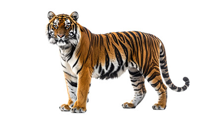 Full body shot of a majestic Siberian tiger standing and looking at the camera. Realistic wild cat with orange and black stripes isolated on a transparent background for easy compositing.