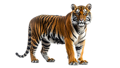 Fototapeta premium Full body portrait of a majestic Bengal tiger standing and looking at the camera. Realistic wild animal isolated on a transparent background for easy compositing. Concept of wildlife and nature.