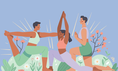 Three people in a yoga pose with flowers and light rays