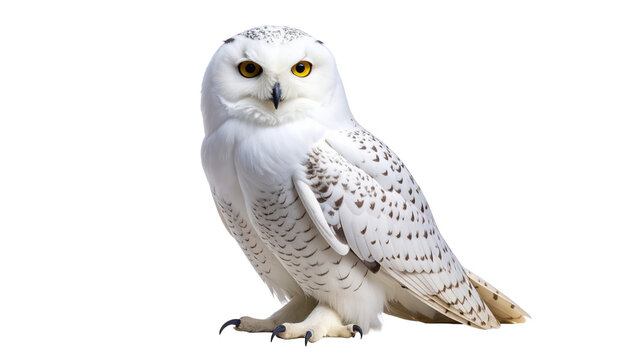 Stunning snowy owl with piercing yellow eyes standing and looking forward. A beautiful arctic bird of prey, isolated on a simple, clean background. Image with a transparent background.