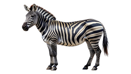 Fototapeta premium Full body portrait of a beautiful African zebra standing in profile. Realistic wild equine mammal with black and white stripes, isolated on a clean transparent background for easy compositing.