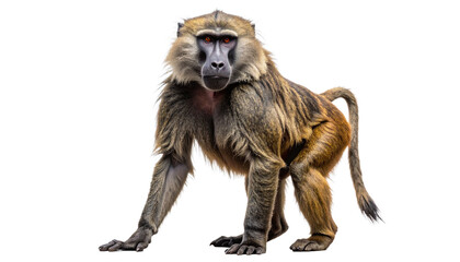 Fototapeta premium A highly detailed full-body portrait of a powerful male Guinea baboon standing and looking directly at the camera, showcasing its thick fur and intense eyes, with a transparent background.