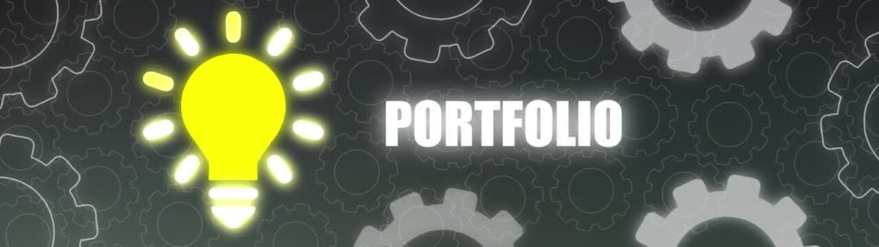 Glowing Yellow Light Bulb Illuminates the Word PORTFOLIO Against a Dark Background of Interlocking Gears