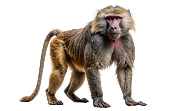 Full-length portrait of a male Hamadryas baboon standing and looking directly at the camera. This wild primate from Africa is isolated on a transparent background, perfect for wildlife projects.