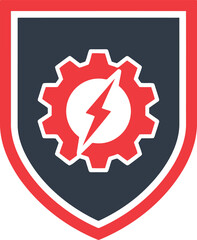Red and Black Shield Emblem with Gear and Lightning Bolt Icon for Engineering or Technology Logo