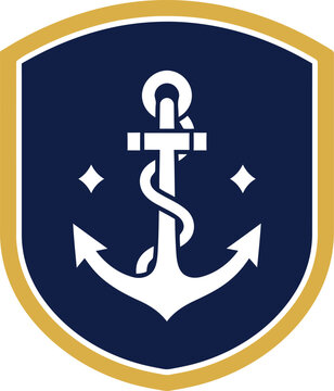 Navy emblem with anchor and caduceus on blue shield, maritime medical insignia vector illustration