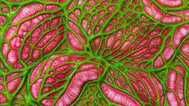 Close-up of vibrant pink and green plant cells showcasing intricate patterns and textures. A stunning representation of nature's beauty and complexity in botanical science